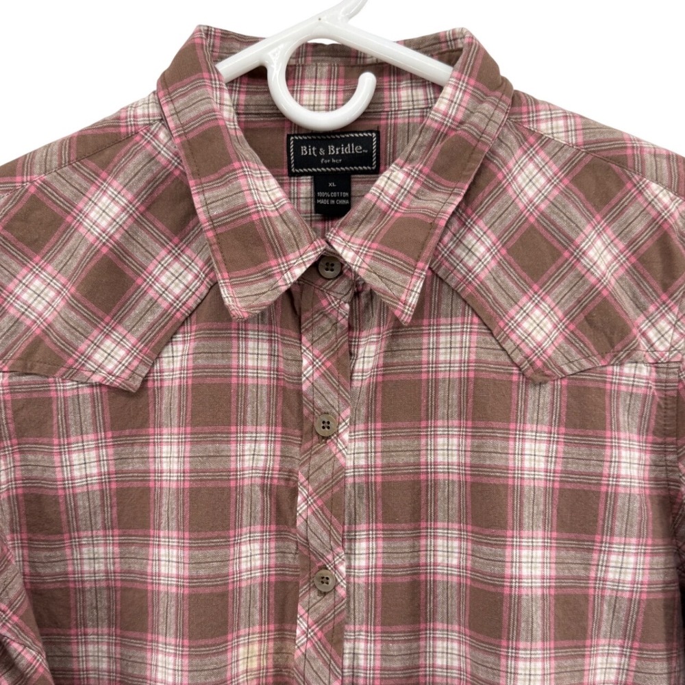 Bit & Bridle Western Plaid Button Down Shirt Womens XL Brown Pink Cotton 912653